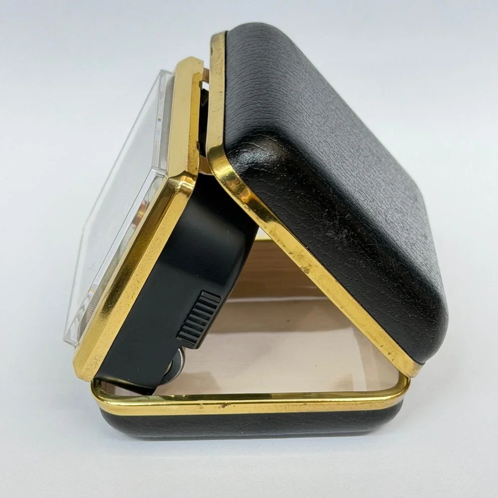 Vintage Marcel Folding Travel Alarm Clock Quartz Japan Black Gold Case Retro